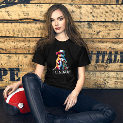 Female wearing black t-shirt featuring a colorful illustration of a cat in a hat holding a skateboard. Below the cat, the word 'SKATER' is spelled out using periodic table elements: Sulfur (S), Potassium (K), Astatine (At), and Erbium (Er).