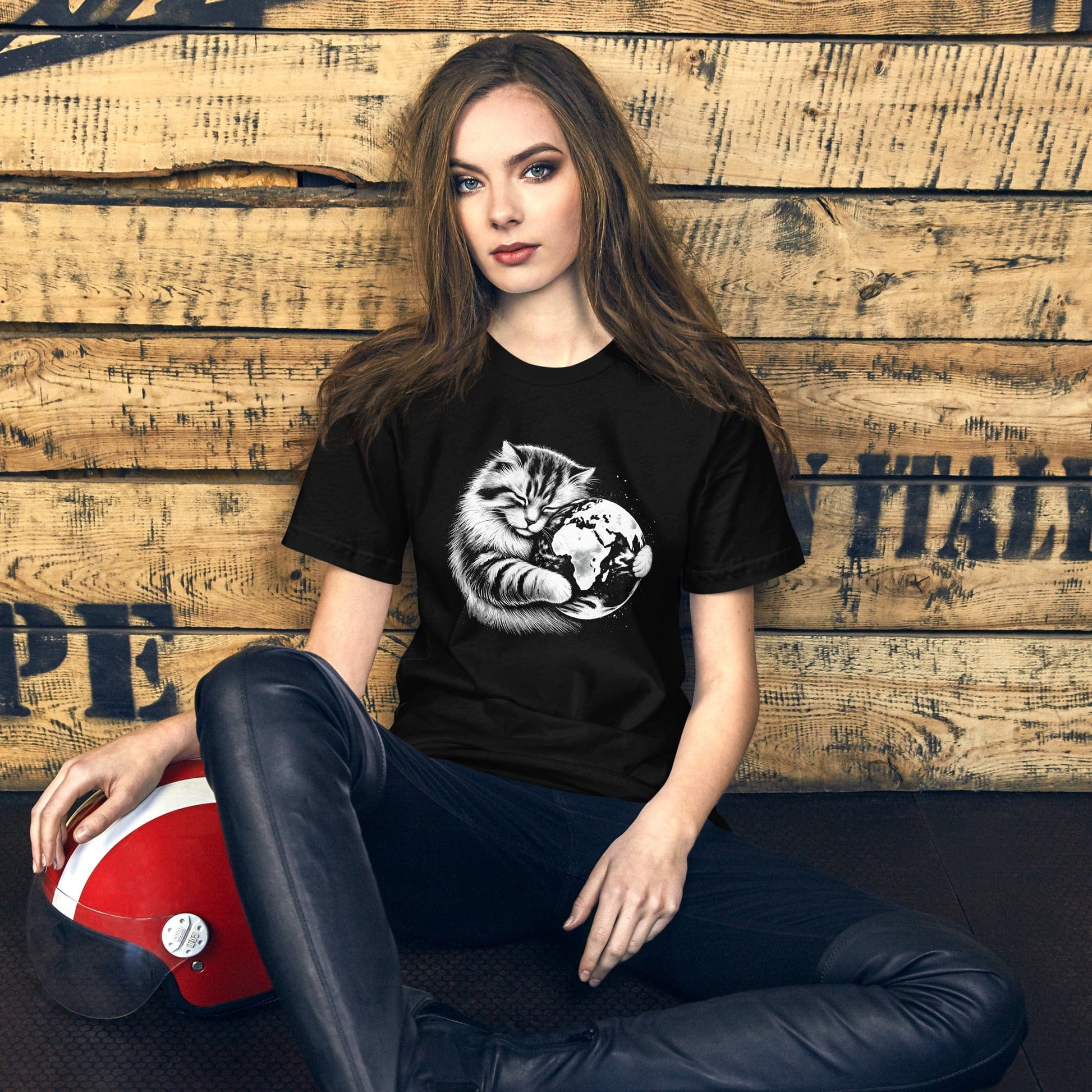 OMTHREAD Earth Hugging Cat T-Shirt | Climate Change Awareness Tee | Sustainable Planet Lover Shirt