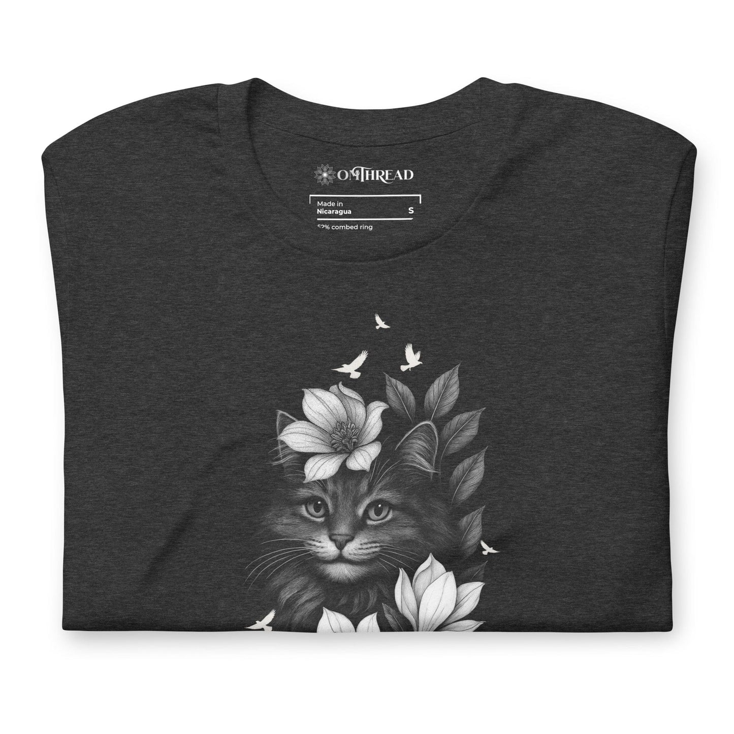 OMTHREAD Easily Distracted by Cats and Nature T-Shirt Floral Cat with Birds