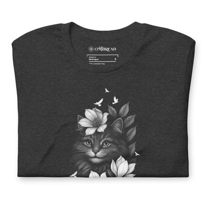 OMTHREAD Easily Distracted by Cats and Nature T-Shirt Floral Cat with Birds
