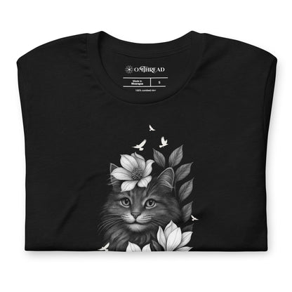 OMTHREAD Easily Distracted by Cats and Nature T-Shirt Floral Cat with Birds