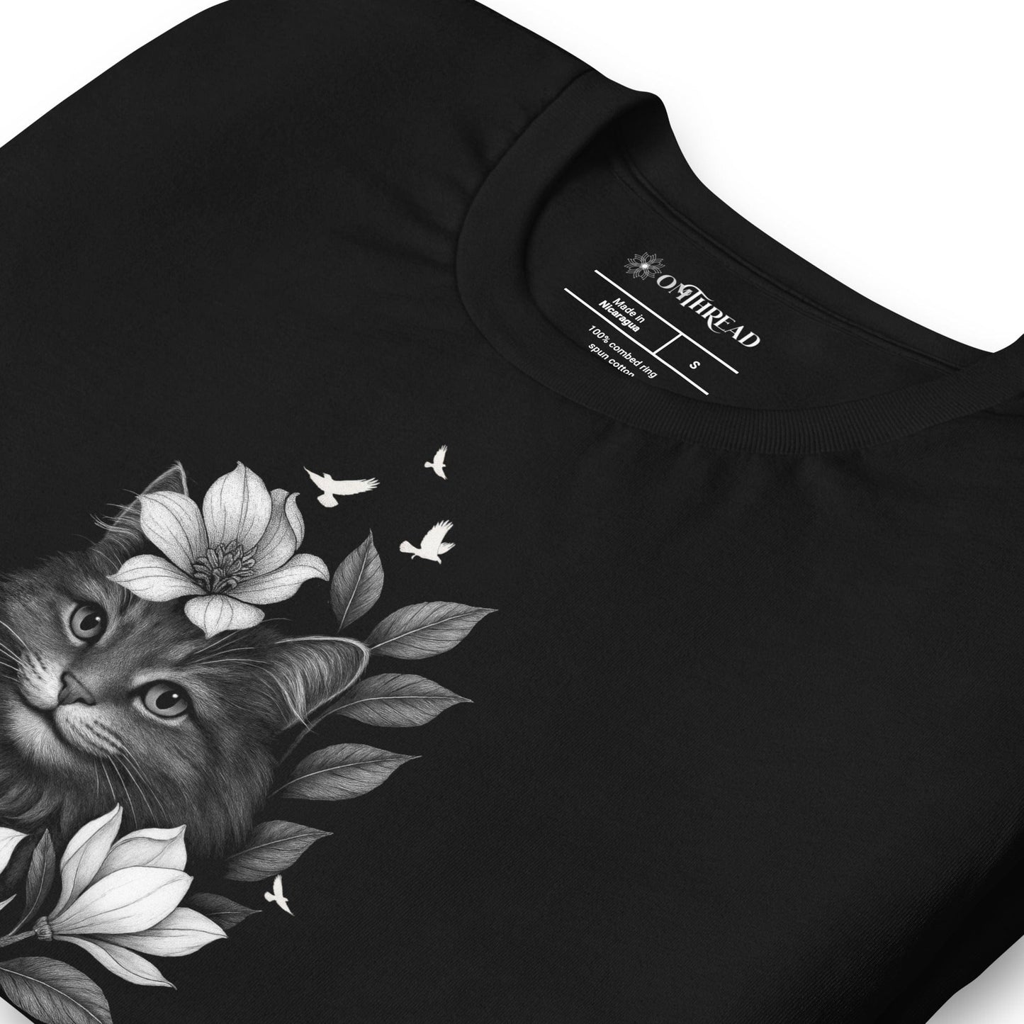 OMTHREAD Easily Distracted by Cats and Nature T-Shirt Floral Cat with Birds
