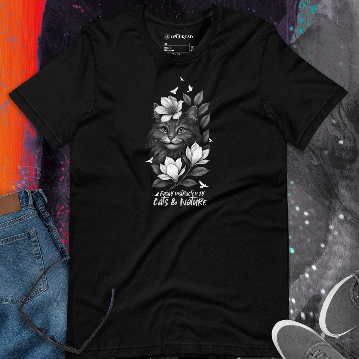 OMTHREAD Easily Distracted by Cats and Nature T-Shirt Floral Cat with Birds