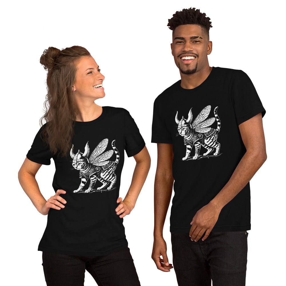 A woman and man wearing  black  t-shirt featuring a detailed illustration of a cat dressed as a Viking warrior, complete with armor, horned helmet, and insect-like wings. The cat stands confidently with intricate linework and patterns enhancing the design.