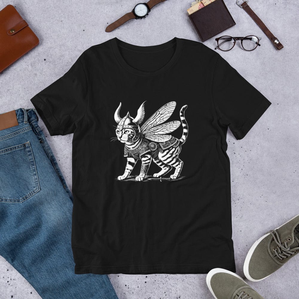 A black  t-shirt featuring a detailed illustration of a cat dressed as a Viking warrior, complete with armor, horned helmet, and insect-like wings. The cat stands confidently with intricate linework and patterns enhancing the design.