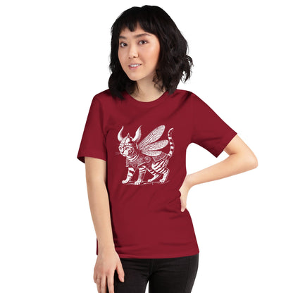 Woman wearing a red t-shirt featuring a detailed illustration of a cat dressed as a Viking warrior, complete with armor, horned helmet, and insect-like wings. The cat stands confidently with intricate linework and patterns enhancing the design.