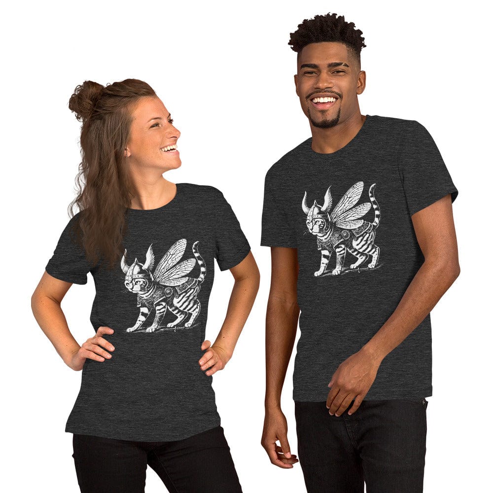 A man and woman wearing a dark gray t-shirt featuring a detailed illustration of a cat dressed as a Viking warrior, complete with armor, horned helmet, and insect-like wings. The cat stands confidently with intricate linework and patterns enhancing the design.