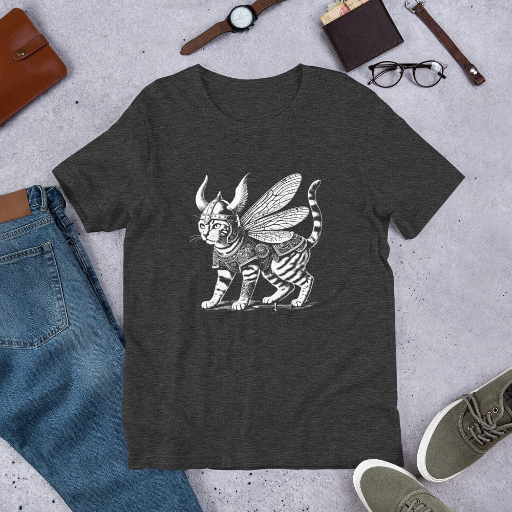 A dark gray t-shirt featuring a detailed illustration of a cat dressed as a Viking warrior, complete with armor, horned helmet, and insect-like wings. The cat stands confidently with intricate linework and patterns enhancing the design.