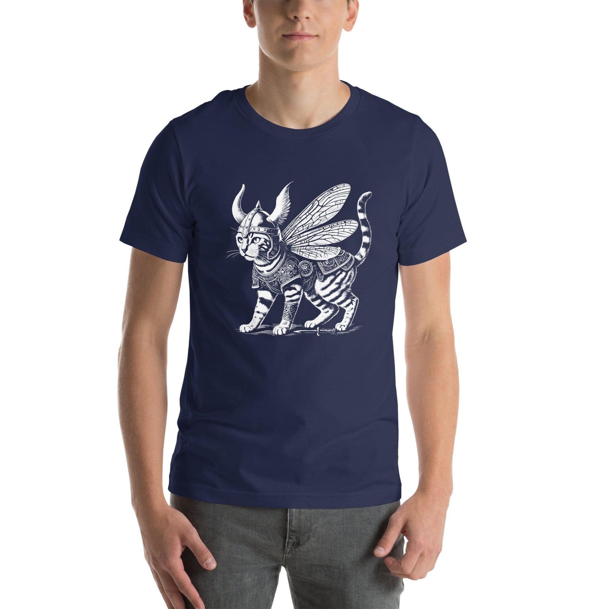 A man wearing a navy t-shirt featuring a detailed illustration of a cat dressed as a Viking warrior, complete with armor, horned helmet, and insect-like wings. The cat stands confidently with intricate linework and patterns enhancing the design.