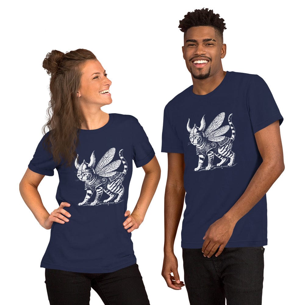 A woman and man wearing a navy t-shirt featuring a detailed illustration of a cat dressed as a Viking warrior, complete with armor, horned helmet, and insect-like wings. The cat stands confidently with intricate linework and patterns enhancing the design.