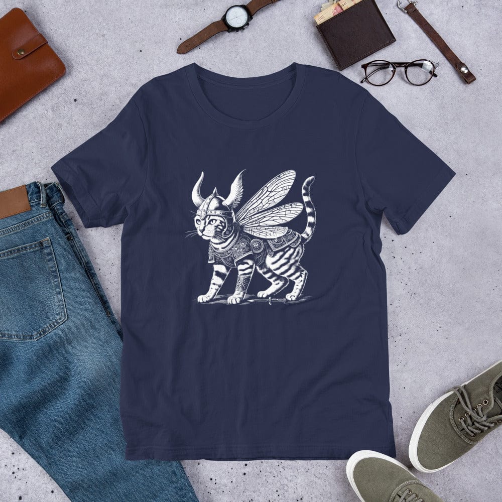 A navy t-shirt featuring a detailed illustration of a cat dressed as a Viking warrior, complete with armor, horned helmet, and insect-like wings. The cat stands confidently with intricate linework and patterns enhancing the design.