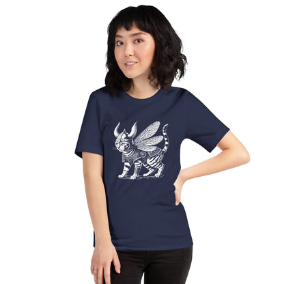 A woman wearing a navy t-shirt featuring a detailed illustration of a cat dressed as a Viking warrior, complete with armor, horned helmet, and insect-like wings. The cat stands confidently with intricate linework and patterns enhancing the design.