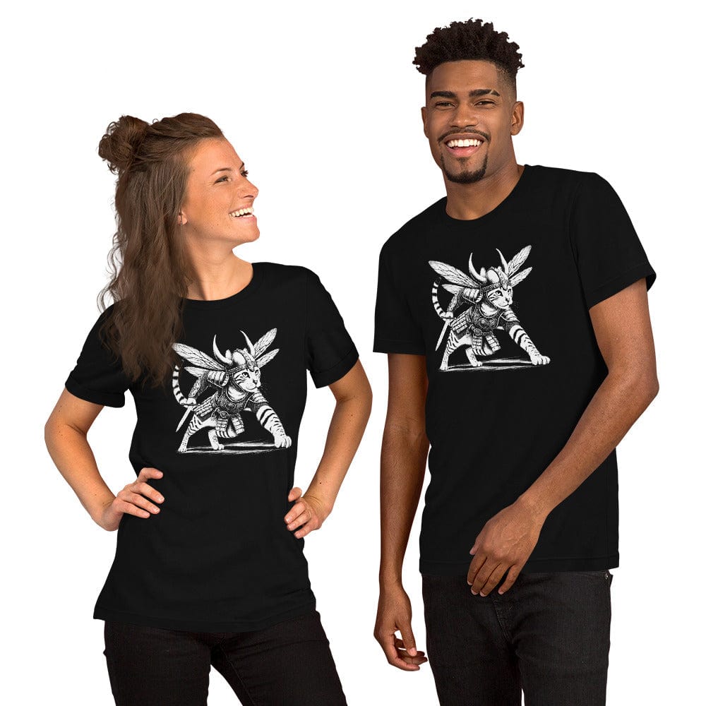 Man and woman wearing black t-shirt featuring an intricate illustration of a cat dressed as a Viking warrior, wearing armor, a horned helmet, and insect-like wings. The cat is in a battle-ready stance, holding a sword with detailed linework and patterns.