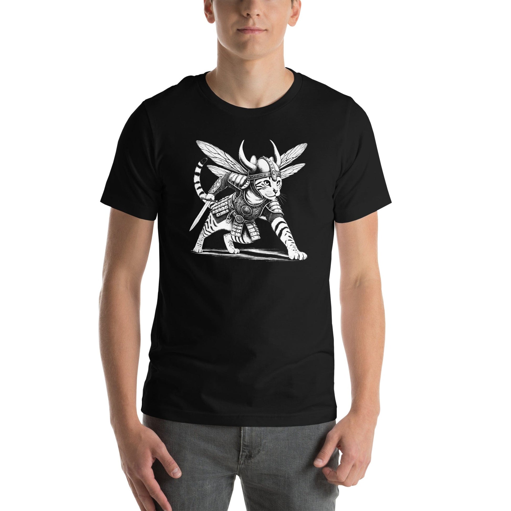 Male model in studio setting wearing OmThread Viking Cat T-shirt in Black, highlighting the intricate fantasy design of a warrior cat with wings and armor.