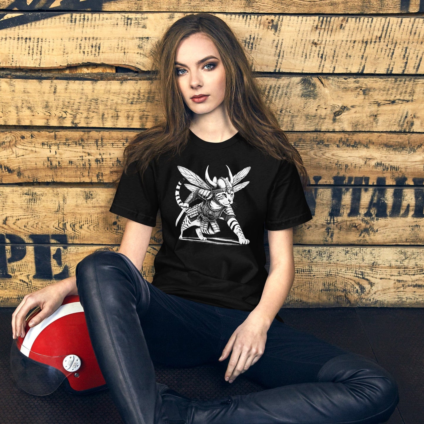 Female model wearing the OmThread Viking Cat T-shirt in Black, posed against a rustic wooden background, showcasing the bold Viking cat warrior design.