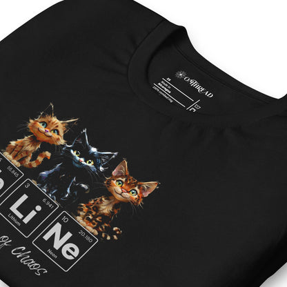 Black t-shirt featuring three mischievous kittens sitting above the word 'FeLiNe,' spelled out using periodic table elements: Iron (Fe), Lithium (Li), and Neon (Ne). Below, the phrase 'Elements of Chaos' is written in cursive font.