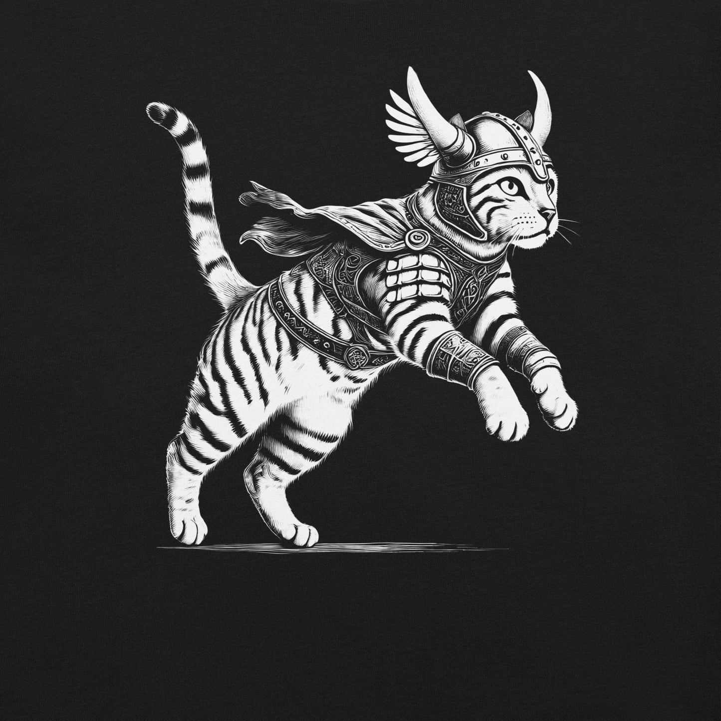 Black t-shirt featuring a detailed illustration of a Viking cat in armor with a horned helmet, a flowing cape, and feathered wings. The cat stands in an action-ready pose with intricate linework and shading.