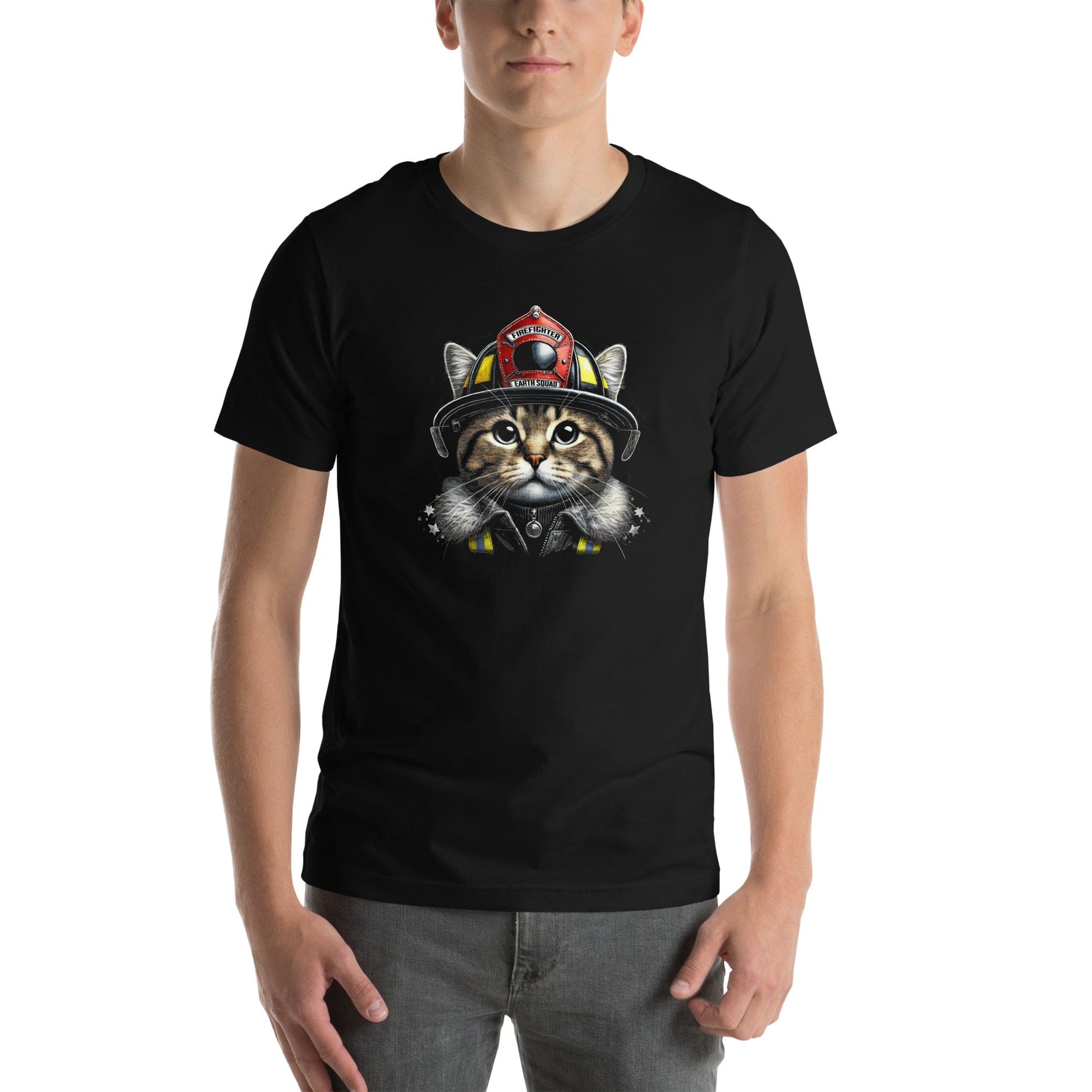 OMTHREAD Firefighter Cat Earth Squad Tee | Eco-Friendly Firefighter Design | Cute Cat Lover Shirt