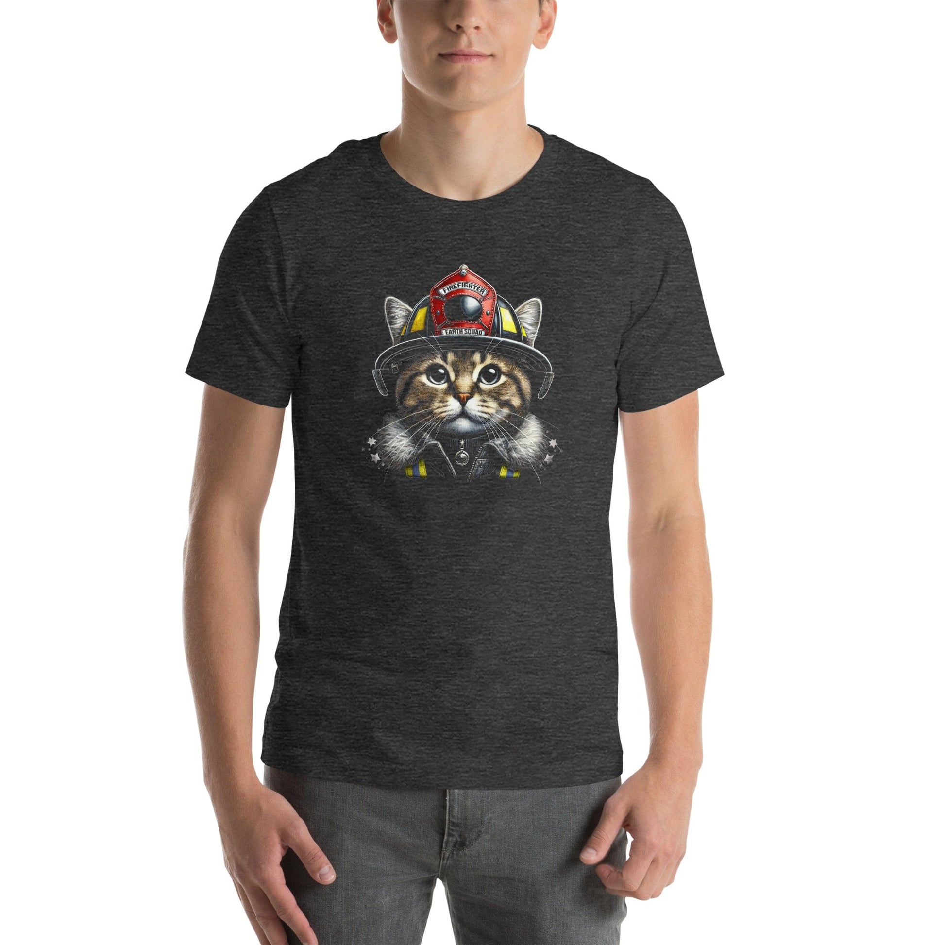 OMTHREAD Firefighter Cat Earth Squad Tee | Eco-Friendly Firefighter Design | Cute Cat Lover Shirt