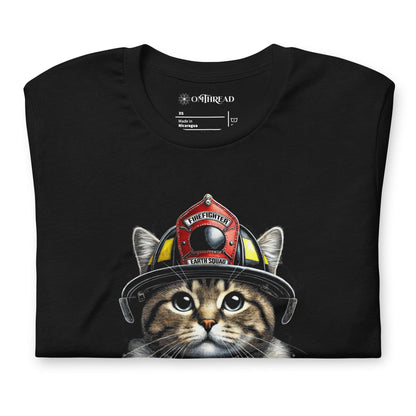 OMTHREAD Firefighter Cat Earth Squad Tee | Eco-Friendly Firefighter Design | Cute Cat Lover Shirt