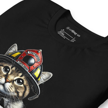 OMTHREAD Firefighter Cat Earth Squad Tee | Eco-Friendly Firefighter Design | Cute Cat Lover Shirt