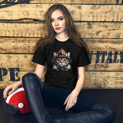 OMTHREAD Firefighter Cat Earth Squad Tee | Eco-Friendly Firefighter Design | Cute Cat Lover Shirt