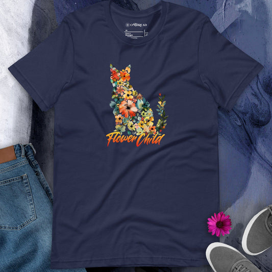 Navy blue t-shirt featuring a floral cat silhouette made of blooming flowers in vibrant colors. Below, the text 'Flower Child' is written in artistic script.