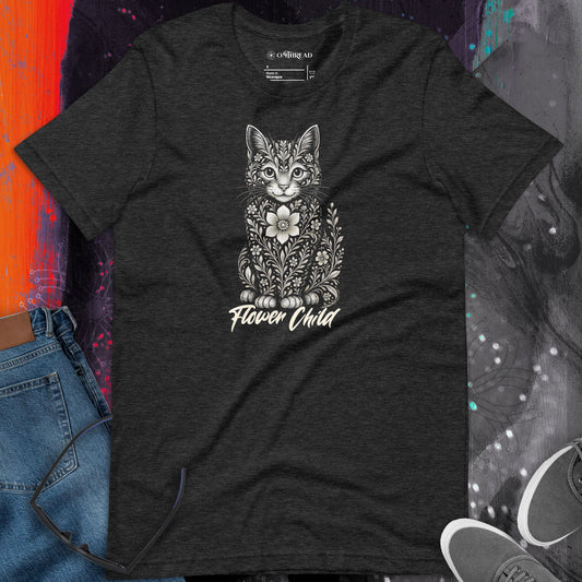 OMTHREAD Flower Child Cat Shirt Hippie Floral Cat Design
