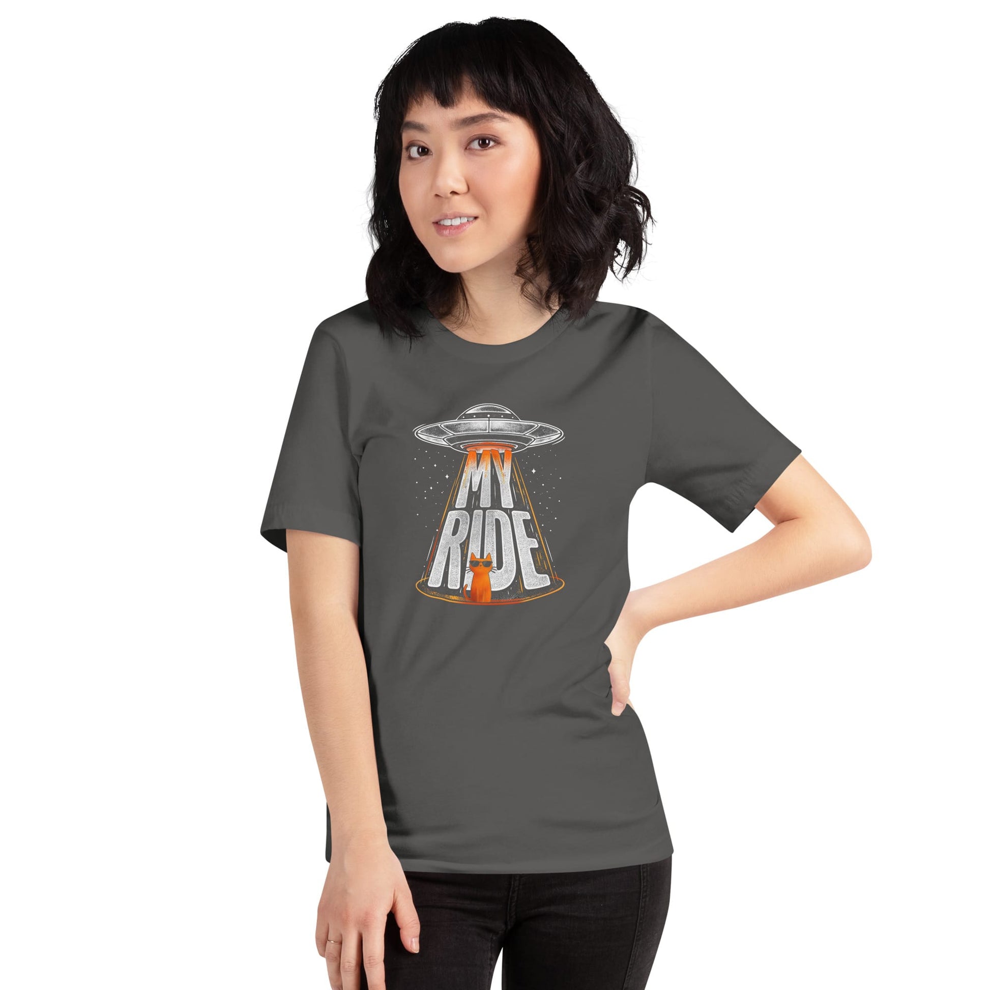 OMTHREAD Funny Orange Cat UFO Shirt Alien Cat Sci Fi My Ride Tee
