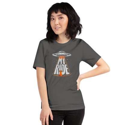OMTHREAD Funny Orange Cat UFO Shirt Alien Cat Sci Fi My Ride Tee