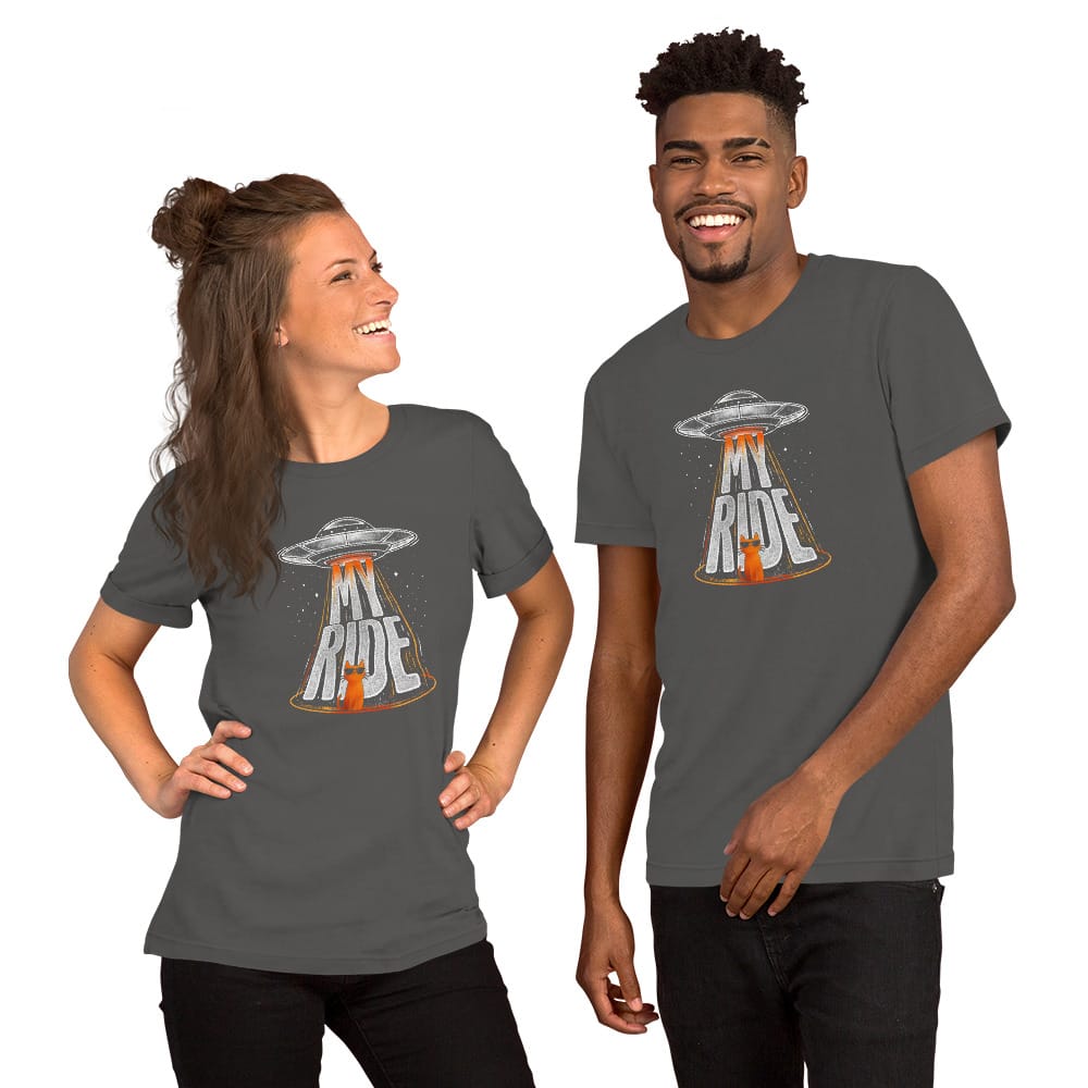 OMTHREAD Funny Orange Cat UFO Shirt Alien Cat Sci Fi My Ride Tee