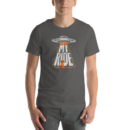 OMTHREAD Funny Orange Cat UFO Shirt Alien Cat Sci Fi My Ride Tee