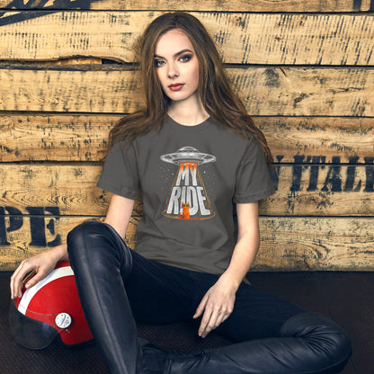 OMTHREAD Funny Orange Cat UFO Shirt Alien Cat Sci Fi My Ride Tee