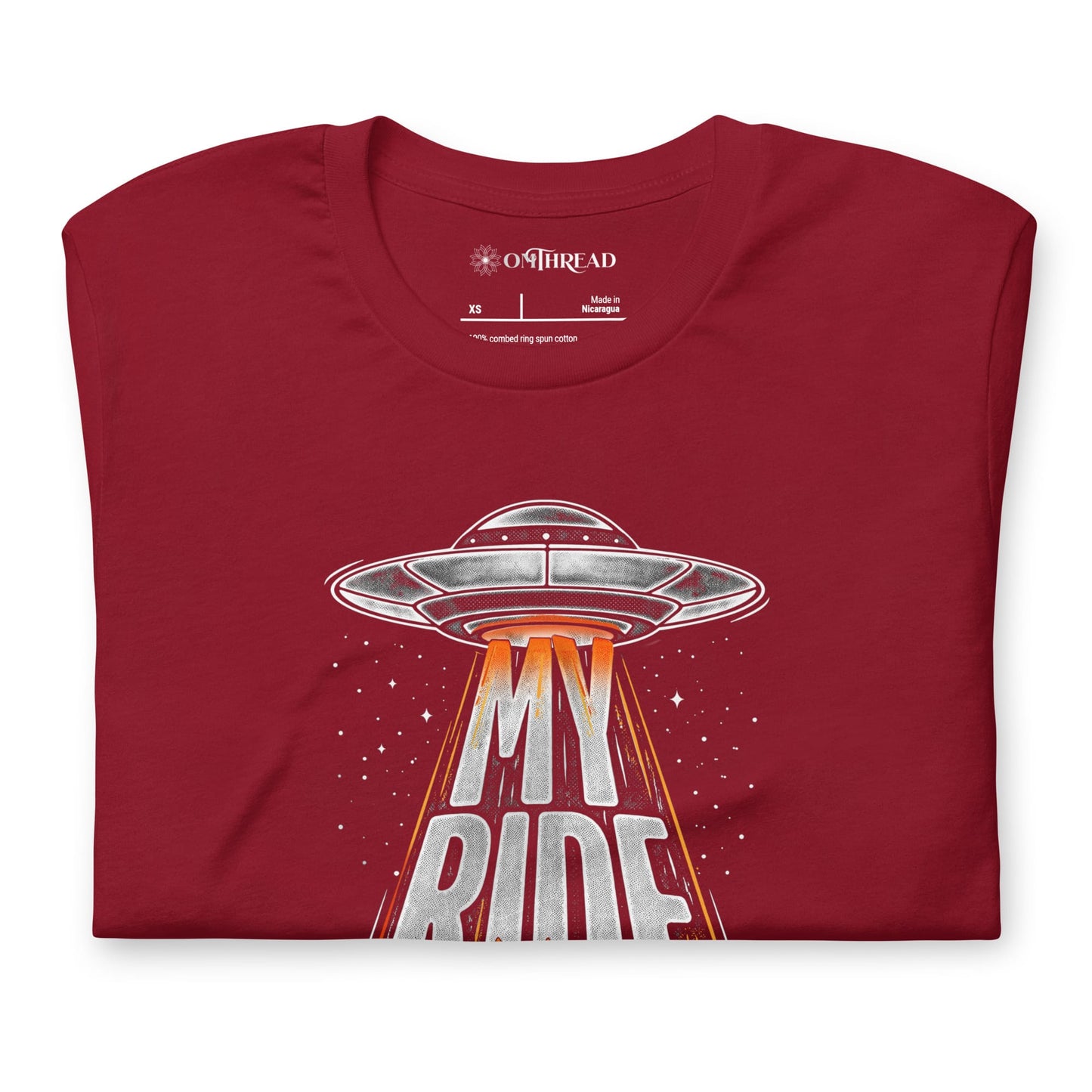 OMTHREAD Funny Orange Cat UFO Shirt Alien Cat Sci Fi My Ride Tee