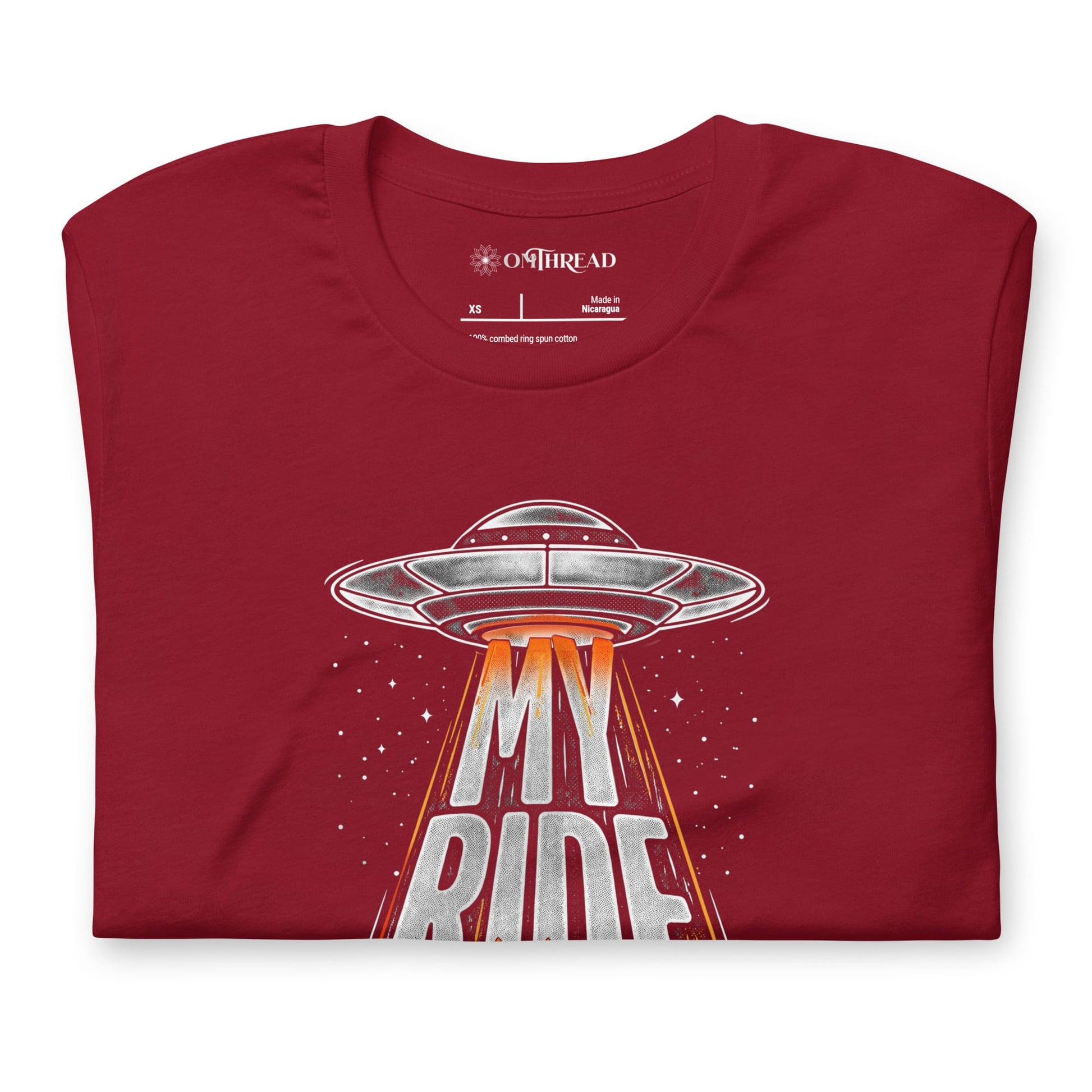 OMTHREAD Funny Orange Cat UFO Shirt Alien Cat Sci Fi My Ride Tee