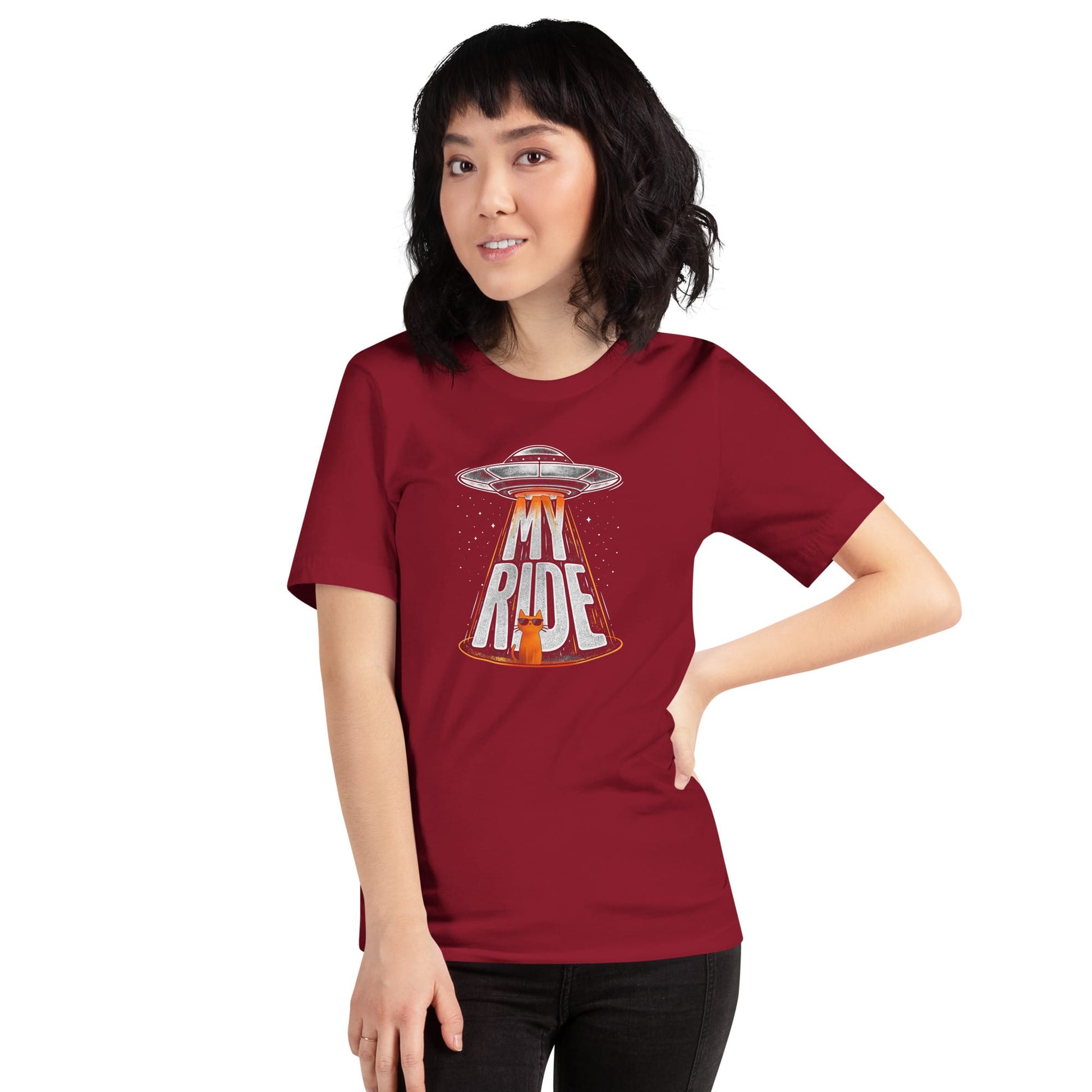 OMTHREAD Funny Orange Cat UFO Shirt Alien Cat Sci Fi My Ride Tee