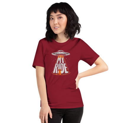 OMTHREAD Funny Orange Cat UFO Shirt Alien Cat Sci Fi My Ride Tee