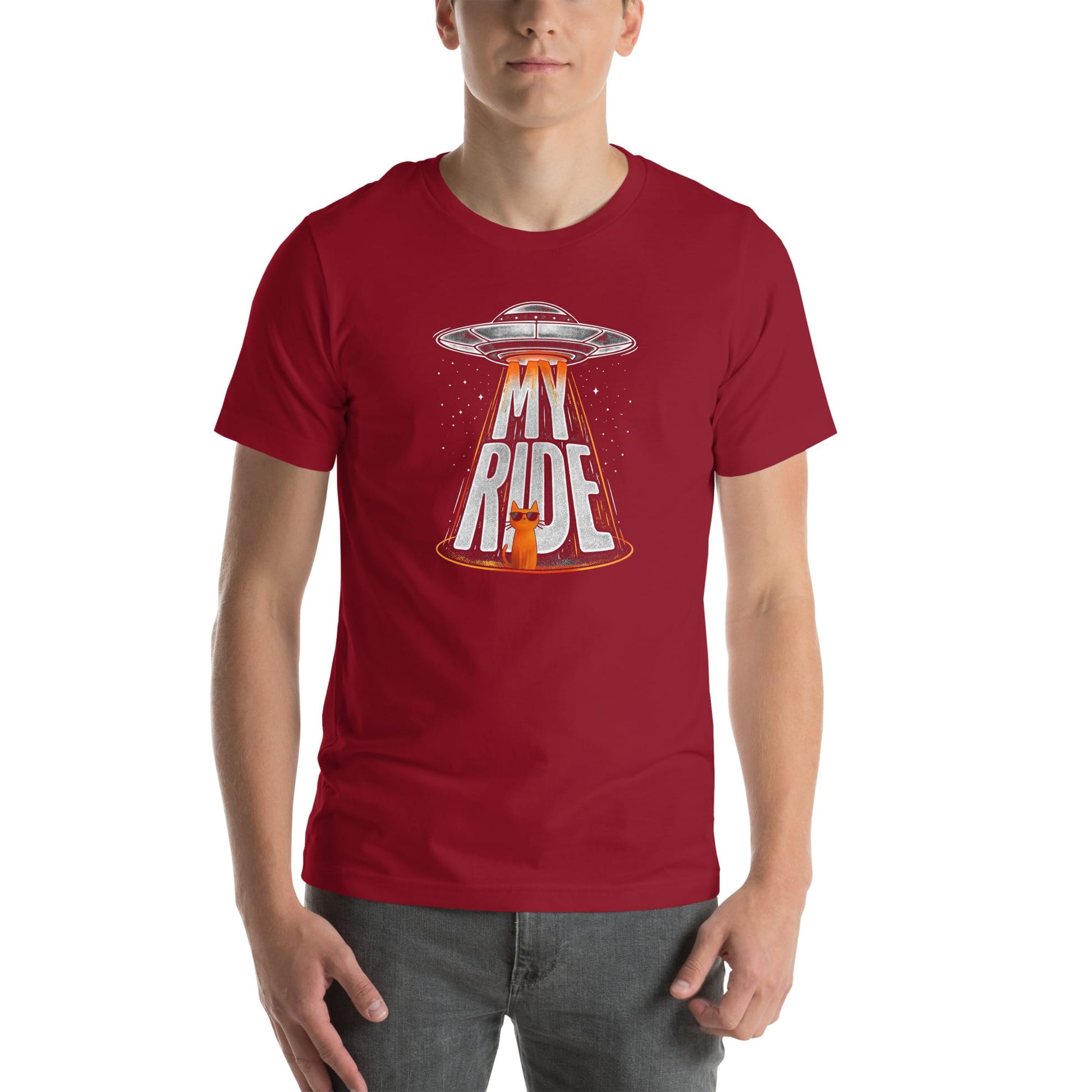 OMTHREAD Funny Orange Cat UFO Shirt Alien Cat Sci Fi My Ride Tee