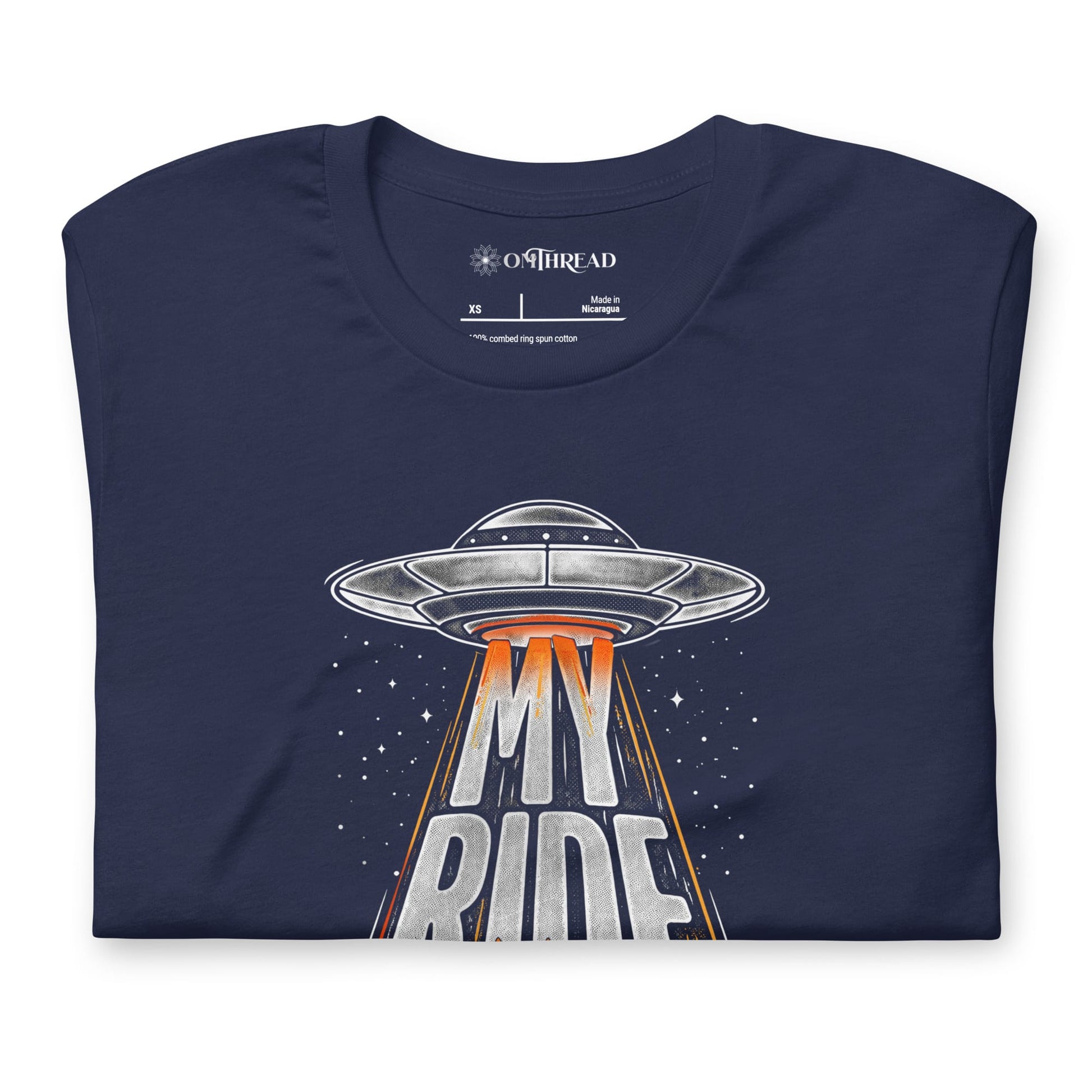 OMTHREAD Funny Orange Cat UFO Shirt Alien Cat Sci Fi My Ride Tee