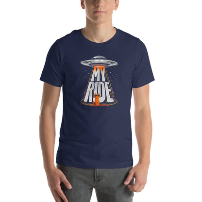 OMTHREAD Funny Orange Cat UFO Shirt Alien Cat Sci Fi My Ride Tee
