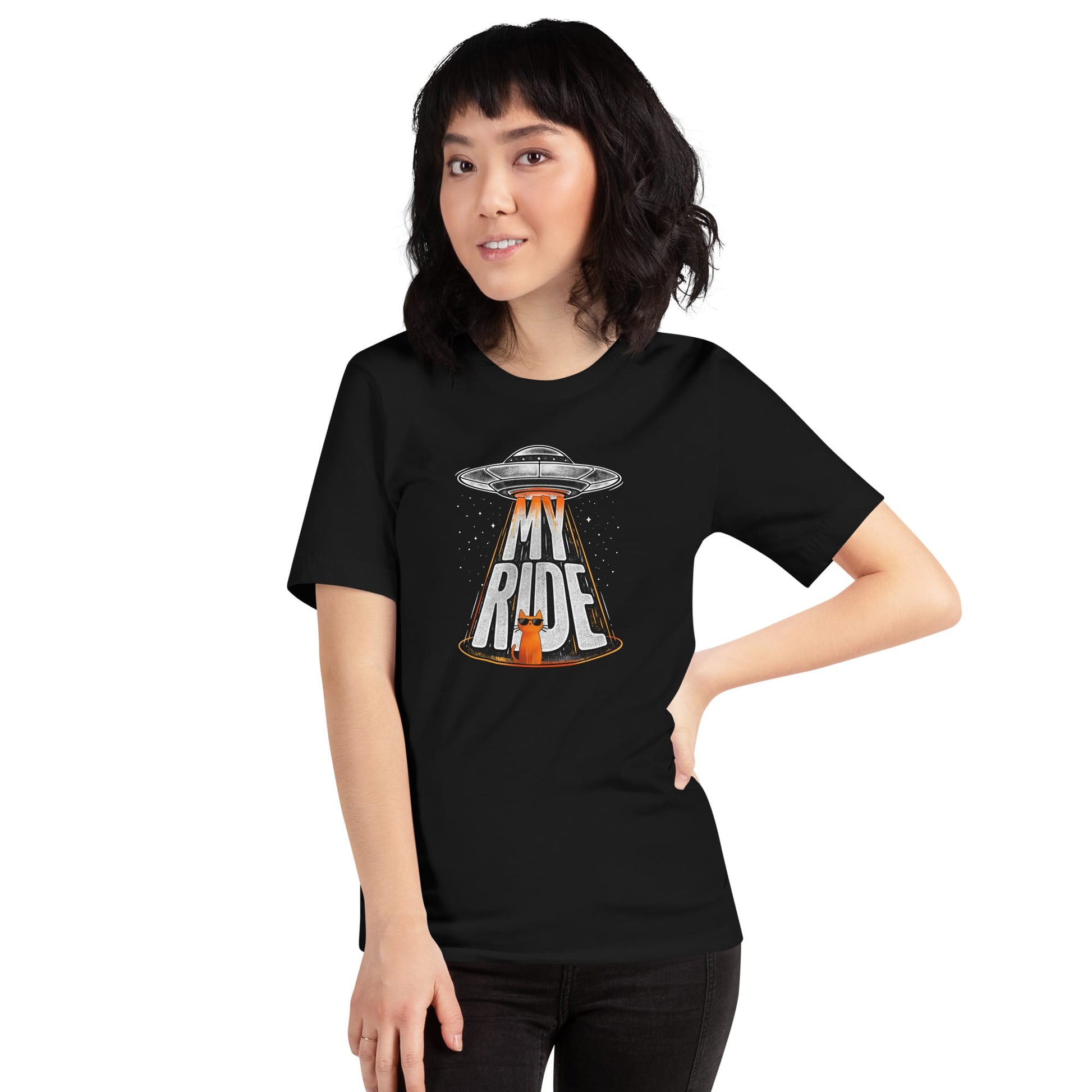 OMTHREAD Funny Orange Cat UFO Shirt Alien Cat Sci Fi My Ride Tee