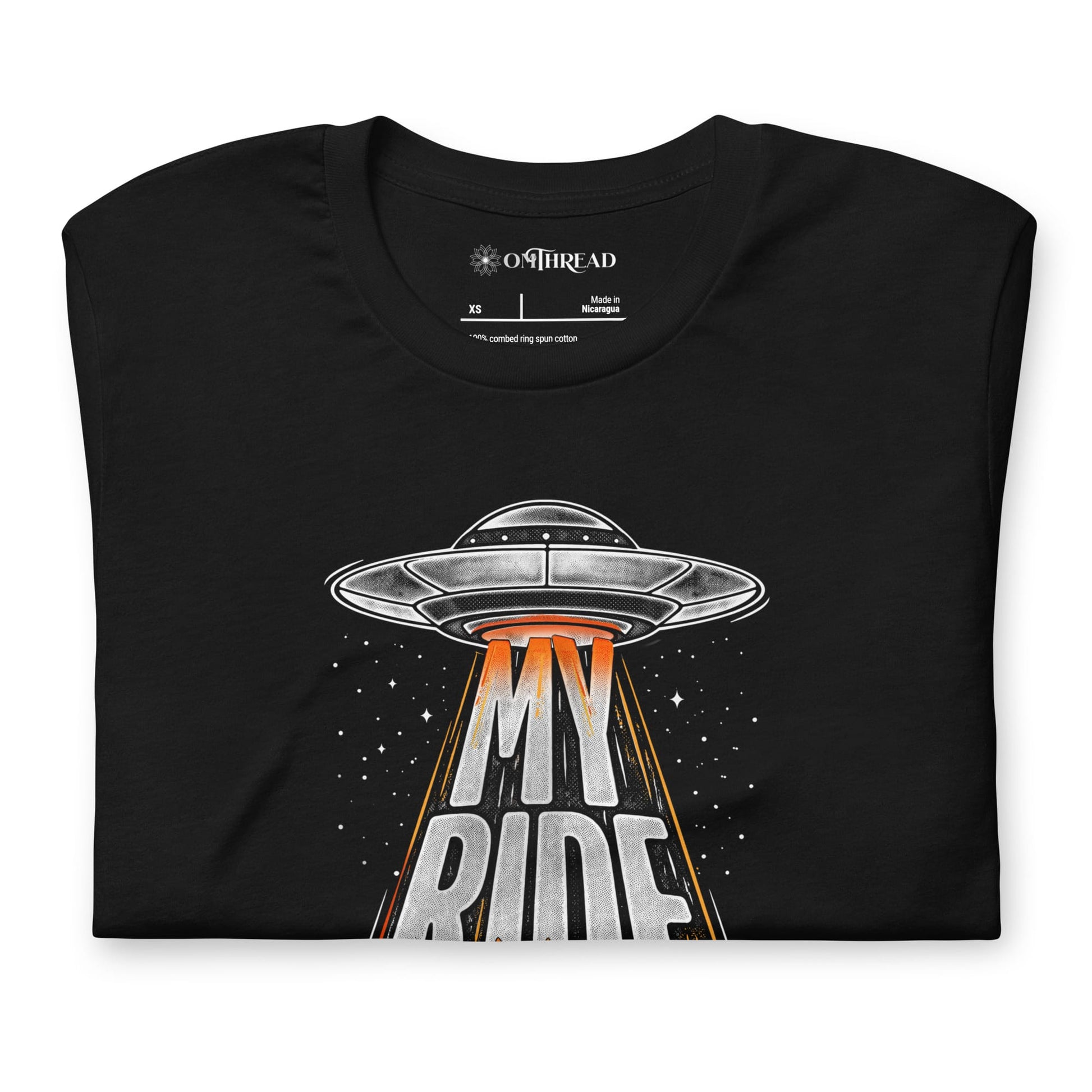 OMTHREAD Funny Orange Cat UFO Shirt Alien Cat Sci Fi My Ride Tee