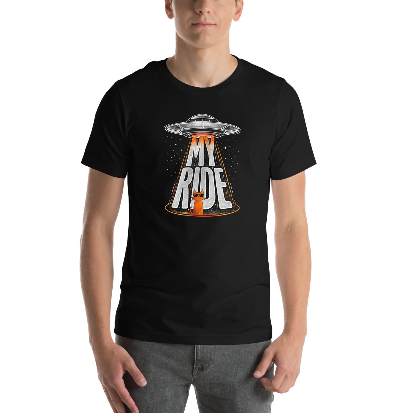 OMTHREAD Funny Orange Cat UFO Shirt Alien Cat Sci Fi My Ride Tee