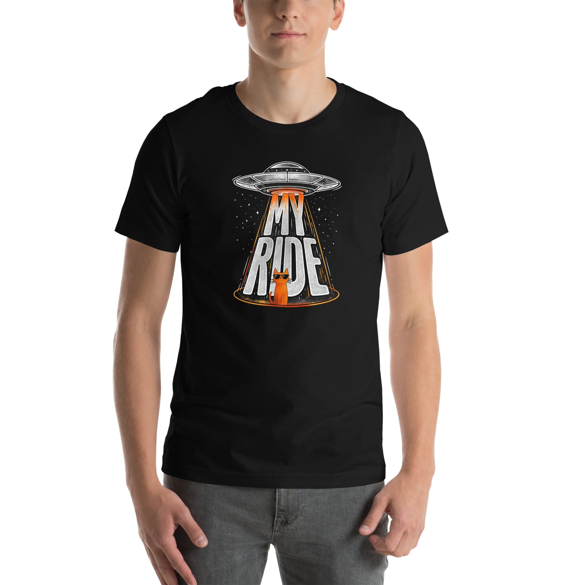 OMTHREAD Funny Orange Cat UFO Shirt Alien Cat Sci Fi My Ride Tee