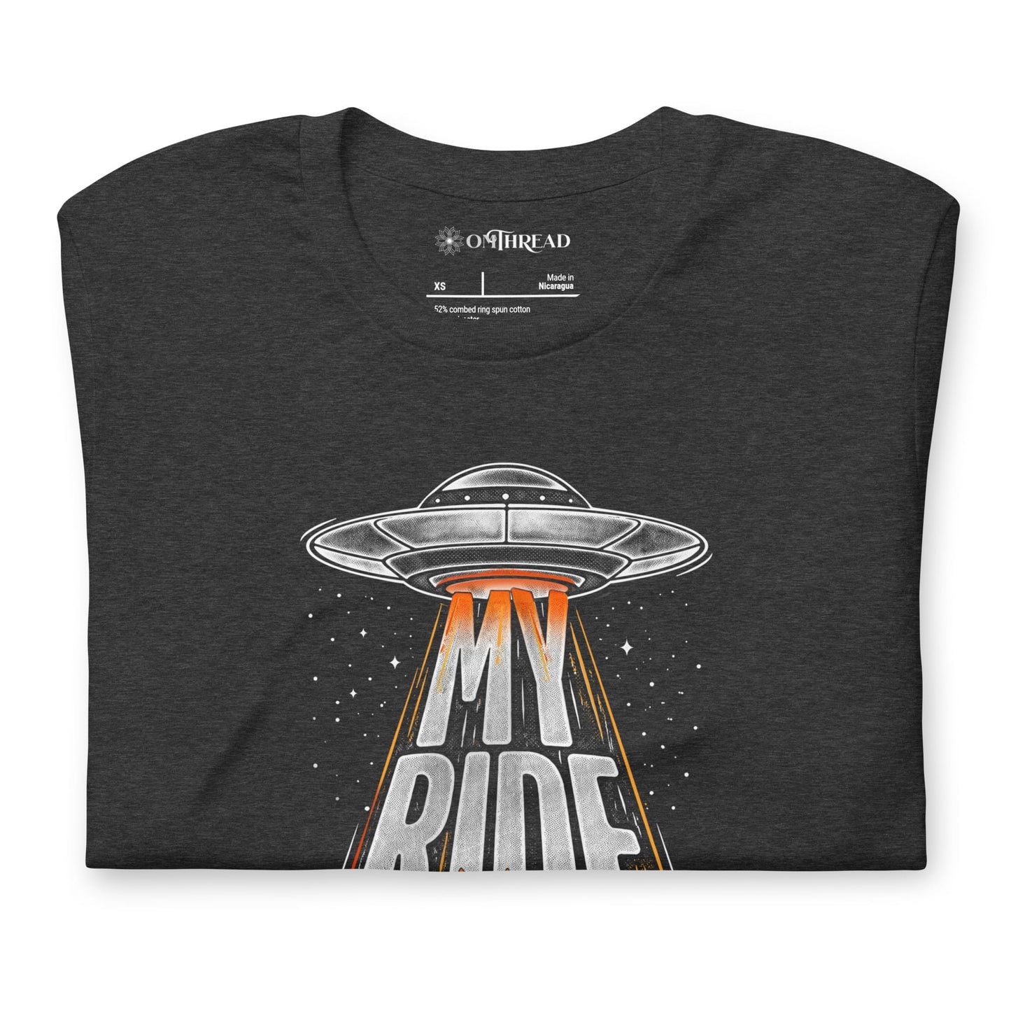 OMTHREAD Funny Orange Cat UFO Shirt Alien Cat Sci Fi My Ride Tee