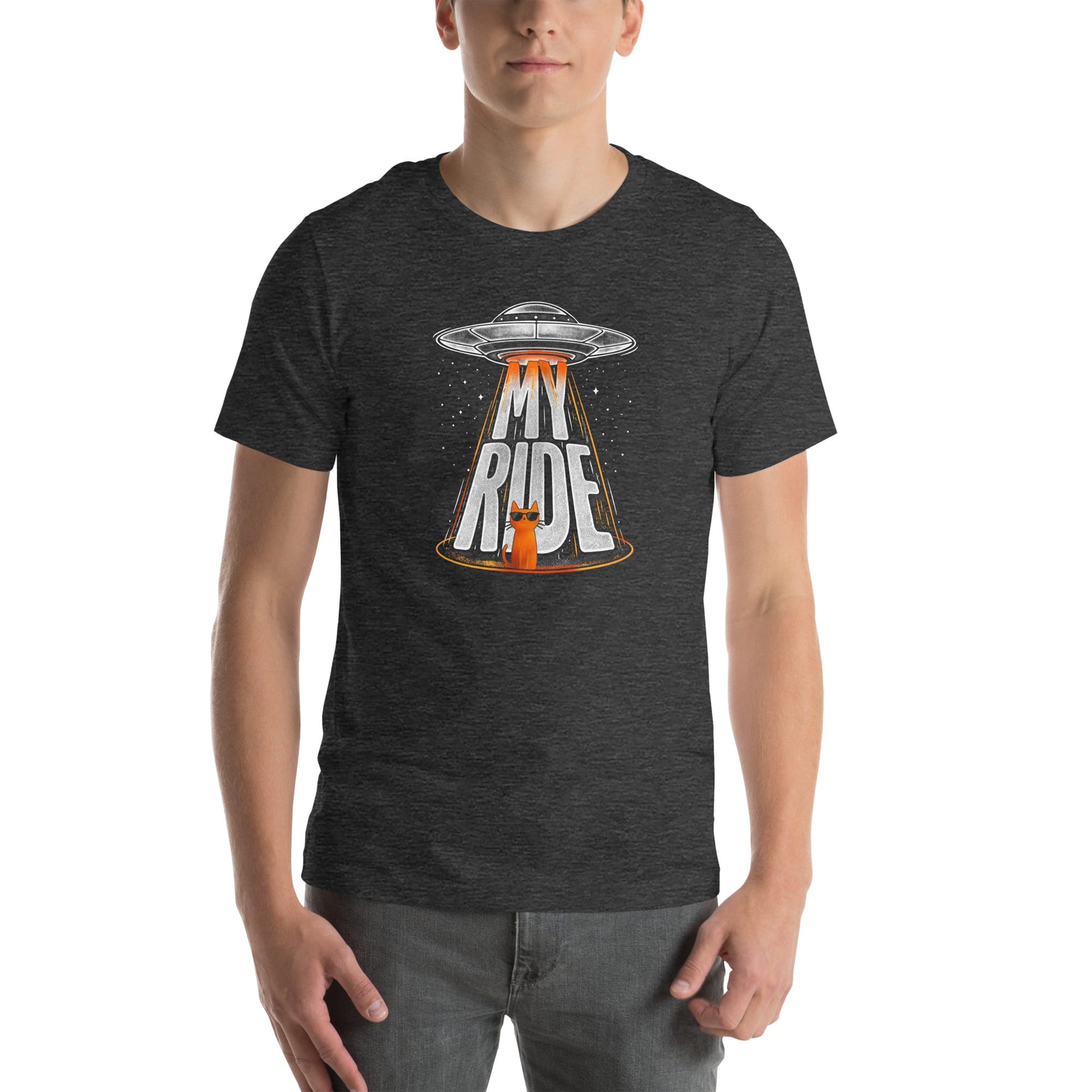 OMTHREAD Funny Orange Cat UFO Shirt Alien Cat Sci Fi My Ride Tee