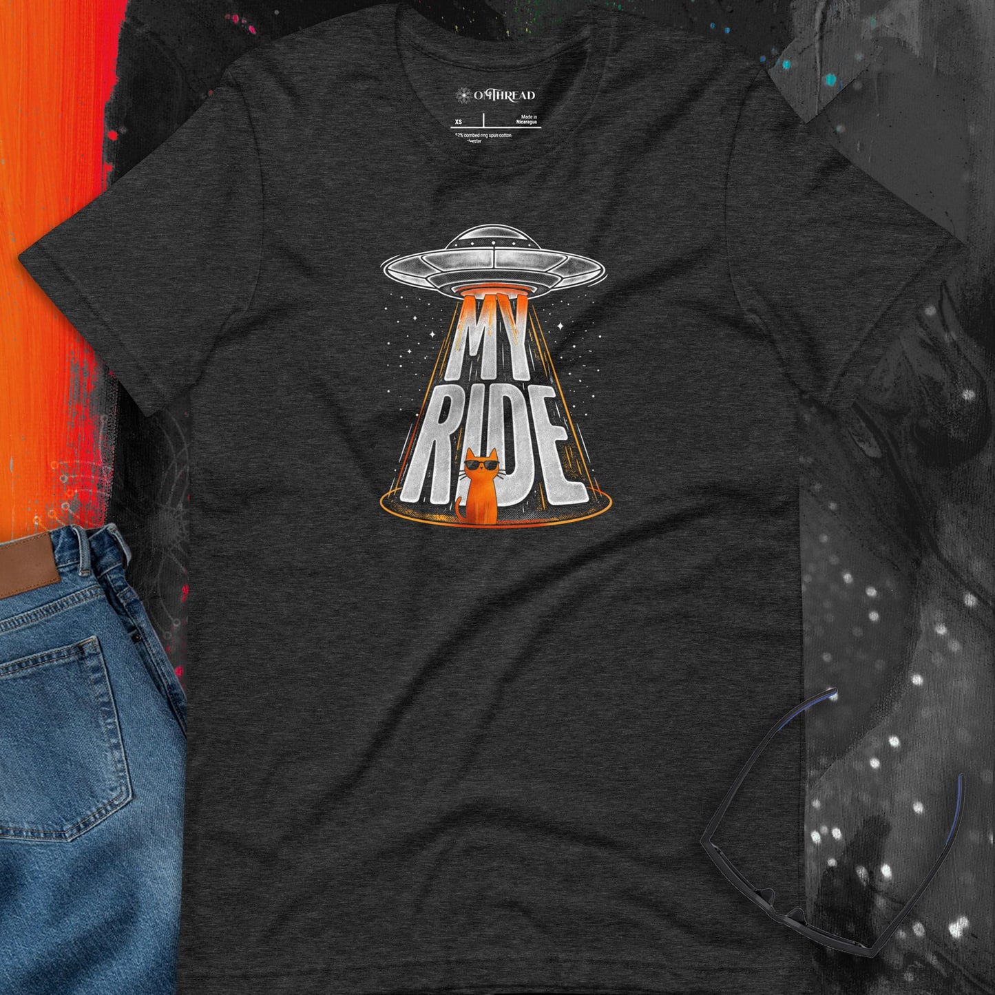 OMTHREAD Funny Orange Cat UFO Shirt Alien Cat Sci Fi My Ride Tee
