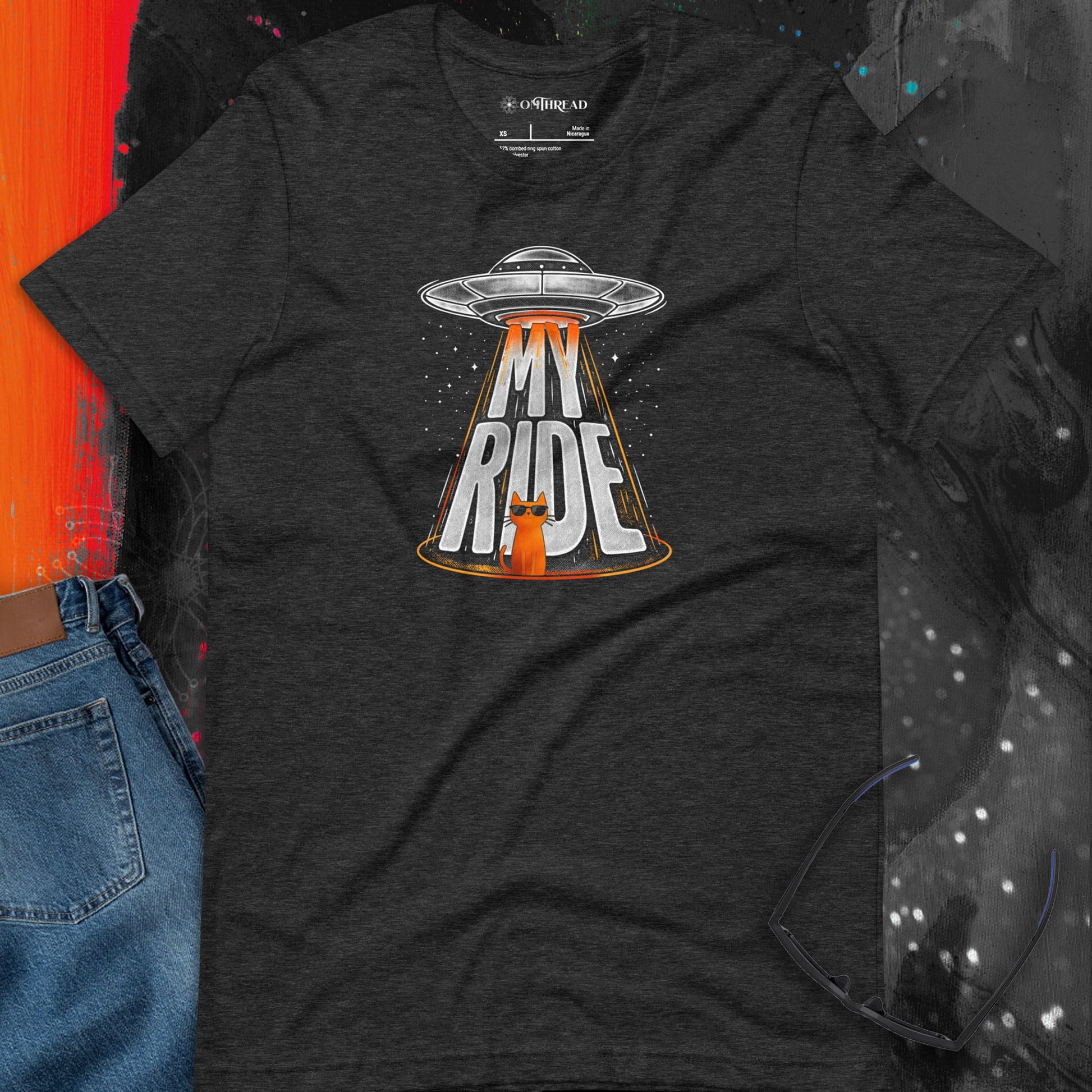 OMTHREAD Funny Orange Cat UFO Shirt Alien Cat Sci Fi My Ride Tee
