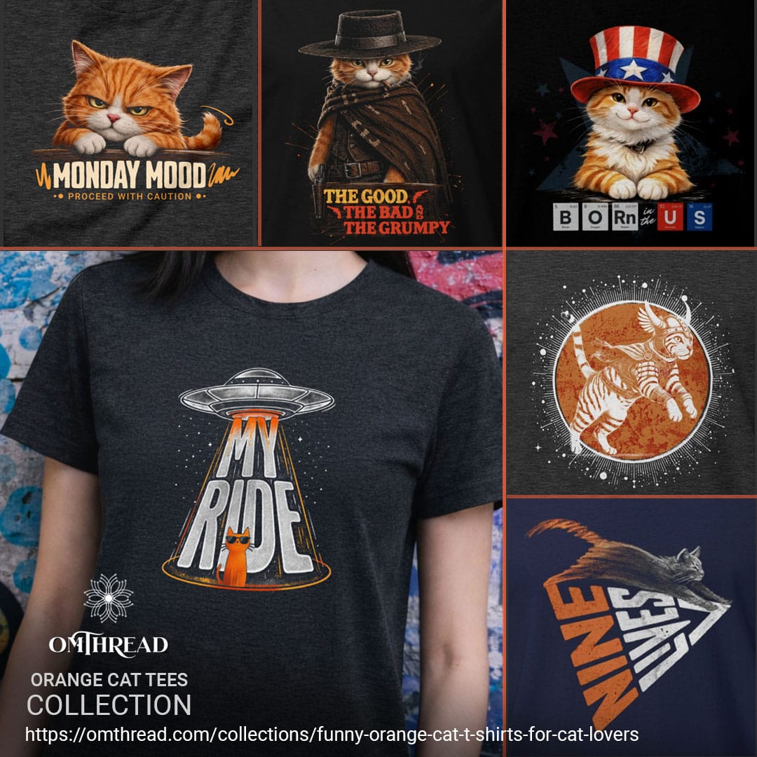 OMTHREAD Funny Orange Cat UFO Shirt Alien Cat Sci Fi My Ride Tee
