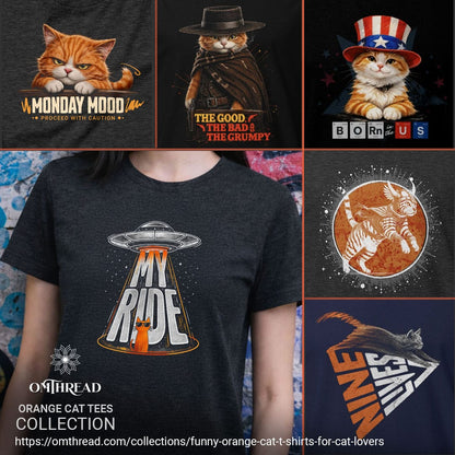 OMTHREAD Funny Orange Cat UFO Shirt Alien Cat Sci Fi My Ride Tee